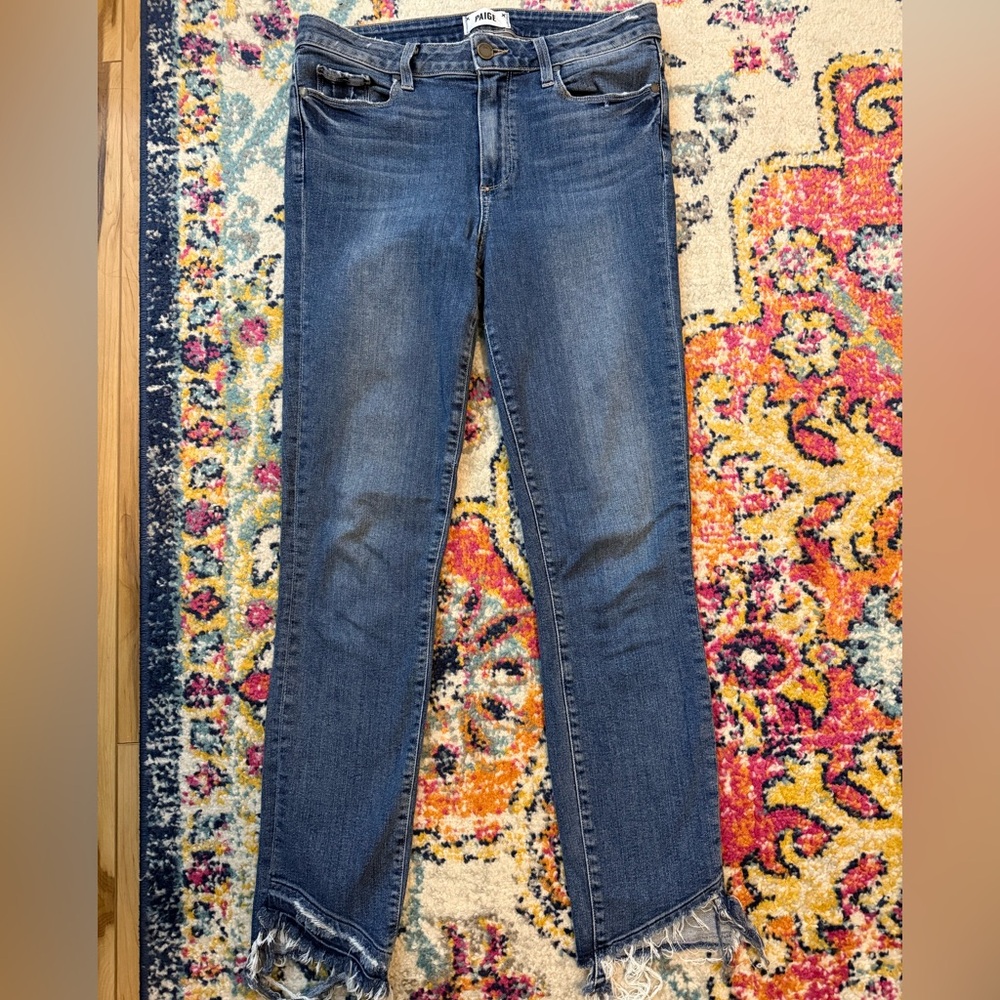 PAIGE Women's Straight Leg Distressed Jeans in Classic Blue
